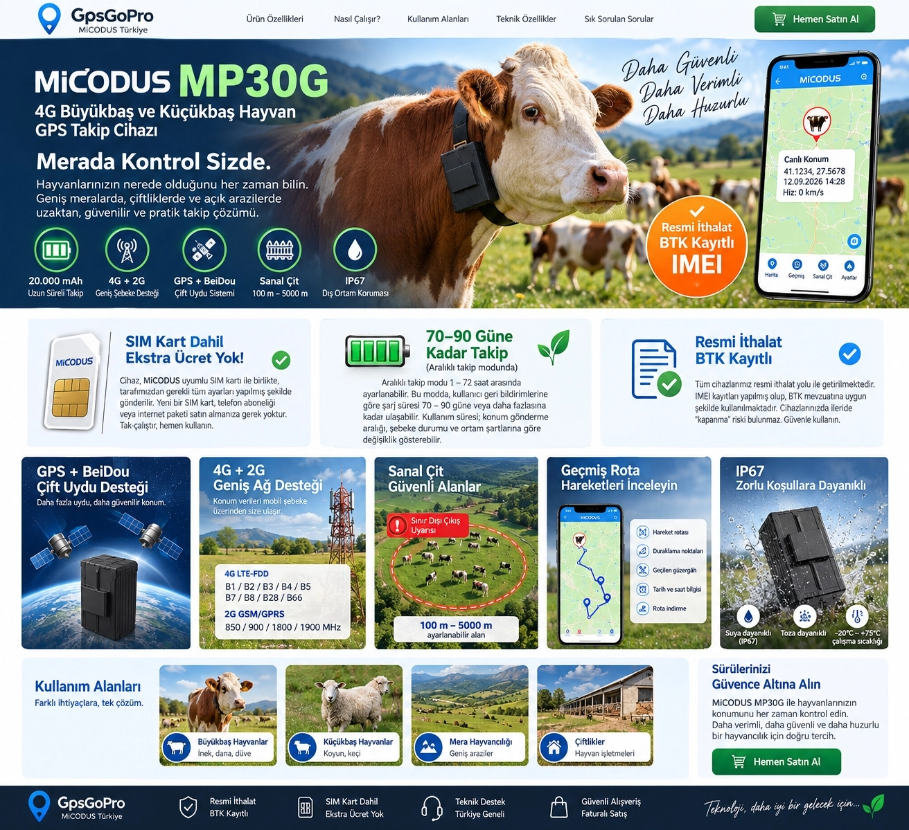 MiCODUS MP30G 4G büyükbaş küçükbaş hayvan GPS takip cihazı